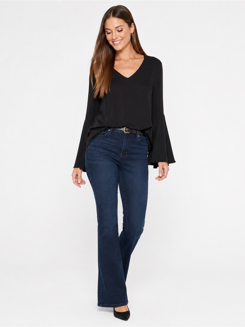 WAYF Black V Neck Bell Sleeve Blouse Medium Dramatic Flare Sleeve Top